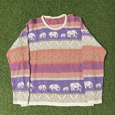 Vintage Oui Designer Collection Elephant Sweater Large L AOP Design Crewneck • $31.99