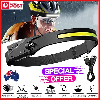 Waterproof COB LED Motion Sensor Head Torch Headlight USB Rechargeable Headlamp • $10.48