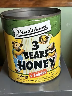 VINTAGE 1949© 5LB. TIN LITHO CAN ADVERTISING BRADSHAW'S 3 BEARS HONEY Nice! • $74.99