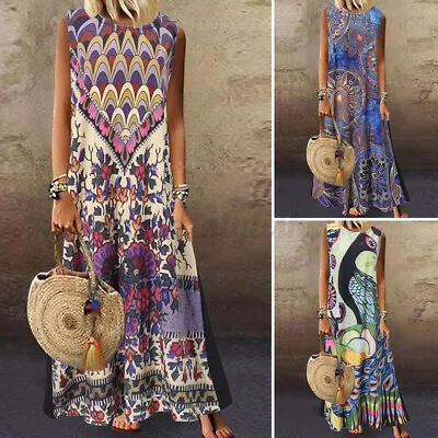 $22.14 • Buy ZANZEA Women Bohemian Holiday Maxi  Long Kaftan Sleeveless O-Neck Sundress Gown
