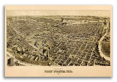 1891 Fort Worth Texas Vintage Old Panoramic City Map - 24x36 • $25.95