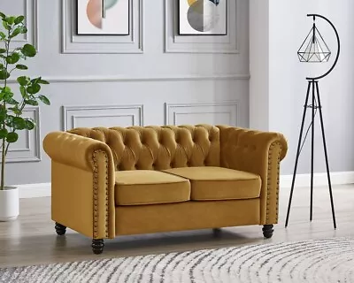 Chesterfield 2 Seater Gold Velvet Fabric Modern Design Couch Sofa Upholstered • £229.99