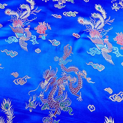 Chinese Brocade Fabric - Dragon Royal Blue Satin Jacquard Craft Fabric Material • £5.99