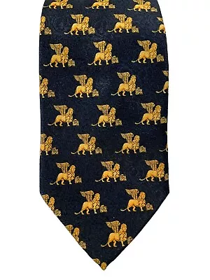 Venezia Italy Mens Navy Blue Silk Textured Neck Tie W Gold Winged Lions Classy • $39.99