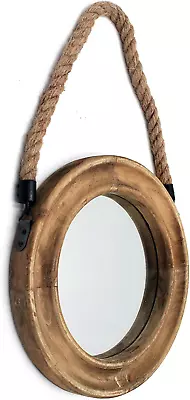 Rustic Round Decorative Mirror With Solid Wood Frame&Rope HangingFarmhouse Anti • $32.52