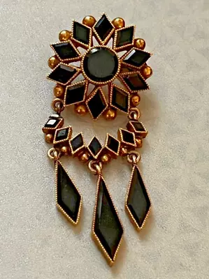 VICTORIAN 14k/15k YLW GOLD & BLACK JET MOURNING PIN Dangle BROOCH 3 Grams • $51.99