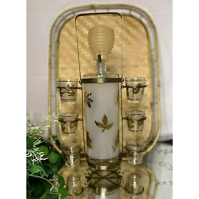 MCM 60's Aldon Barware Cocktail Set Gold Leaf Decanter Shot Glasses & Carrier • $94.98