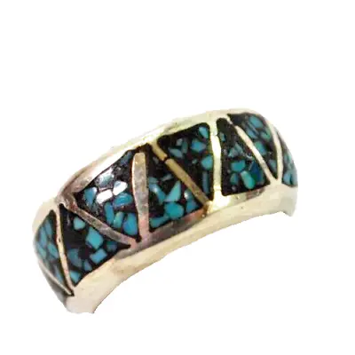 Sharp Mens Chip Inlay Turquoise 9mm Wedding Band Sterling Silver Sz 5.75 • $31.50