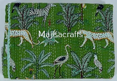 Indian Jungle Print Kantha Quilt Cotton Blanket Bedspread Throw Green Bedding E3 • £61.99