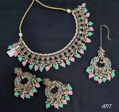 Indian Bollywood Pink Mint Kundan Gold Plated Pearl Choker Necklace Jewelry Set • $21.57