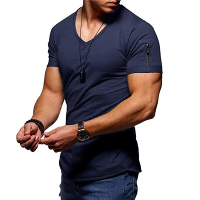 $19.99 • Buy Men's Short Sleeve V Neck Zipper T Shirt Casual Slim Fit Solid Muscle Tee Tops