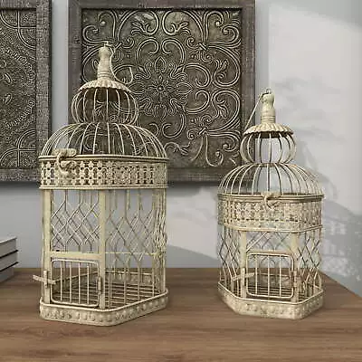 Set Of 2 Cream Vintage Metal Birdcage With Bars Floral Embossed Design 21 18 H • $35.99