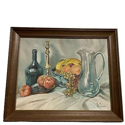 Vintage Mid Century Still Life Signed Oil? Canvas  Original Fruit Glass Painting • $174.99