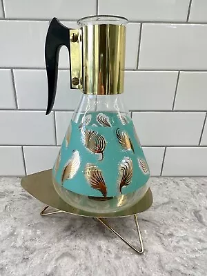 Fred Press Carafe Coffee Mid-Century Modern MCM W/ Warmer Turquoise Gold • $165