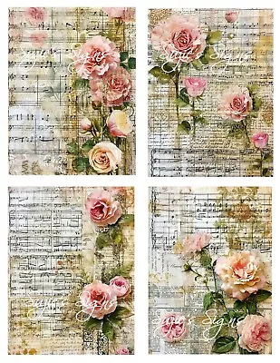 4 Vintage Victorian Pink Roses And Music Notes Fabric Blocks • $13.55