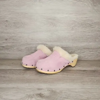 UGG Pink Leather Genuine Sheepskin Lining Open Back  Shoes Clogs Wooden Heel 4 • $44.99