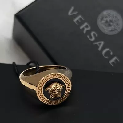 NEW Versace Grecca Engraved Round Medusa Logo Gold Black Ring Size 15 = Womens 7 • $199.99