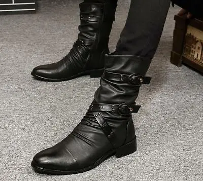 Men's Pointed Toe Ankle Boots Pleated Rivets Buckles Side Zip Faux Leather Shoes • $35.99