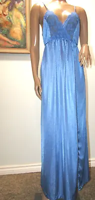 Vintage Blue Satin Nylon Nightgown Gown Lace Long Flowing Sz M • $34.99