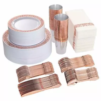 Complete Cutlery Rose Gold Dinnerware Set Total 400 Pcs Includes Napkins/Straws • £99.39