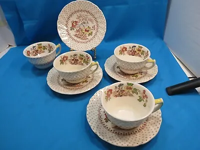 ANTIQUE CHINA ENGLAND Royal Doulton  Grantham  Teacups And Saucers SET 4 • $13.49