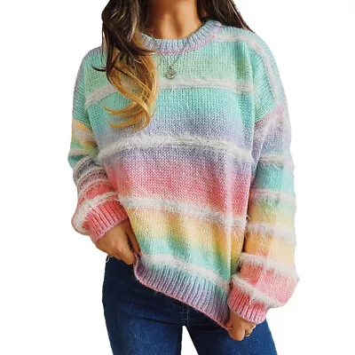 Women Striped Colour Block Sweater Tops Ladies Winter Warm Baggy Pullover Jumper • £18.22