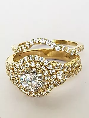 2 Piece Matching 14k Yellow Gold Round Engagement Wedding Band Ring Set S 8.5 • $484.98