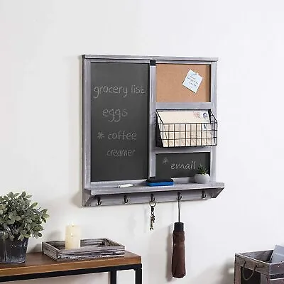 Wall Mounted Gray Wood Chalkboard/Cork Board W/ Mail Basket Shelf & Key Hooks • $99.99