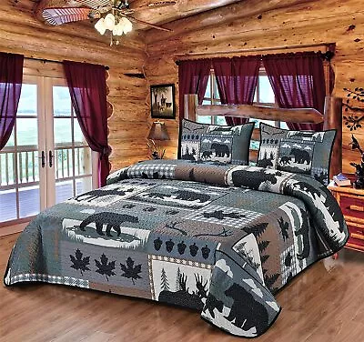 Bear Moose Pinecone Antler Queen Quilt Cabin Lodge Bedding Bedspread Coverlet • $72.50