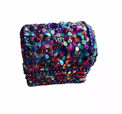 Lidded Trinket Box Rhinestones Mosaic Sequins India • $7.95