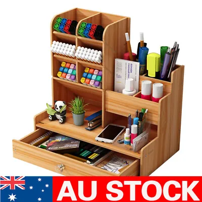 $21.99 • Buy Office Desk Wooden Organizer Brush Storage Container Pen Pencil Holder Rack AU