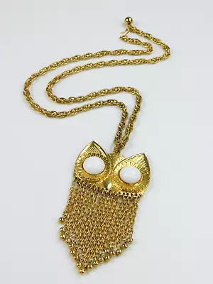Vintage Gold Tone Owl Fringe Pendant Necklace White Glass Cabochon Eyes • $29.99