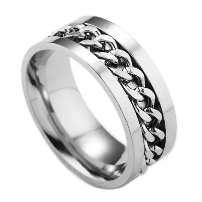 Chain Ring Stainless Steel Spinner Anxiety Fidget Band Curb Women Men's Jewelry • £3.69