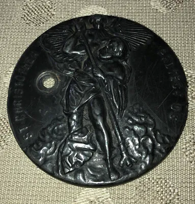 Vintage Religious Saint St. Christopher Protect Us Metal Plaque Medal Brass? • $9.97