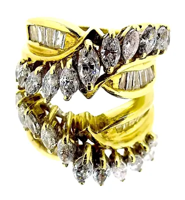 14k Retro Ring With Baguette And Marquis-Cut Diamonds 2.28Cttw! Size: 7 • $1856.27