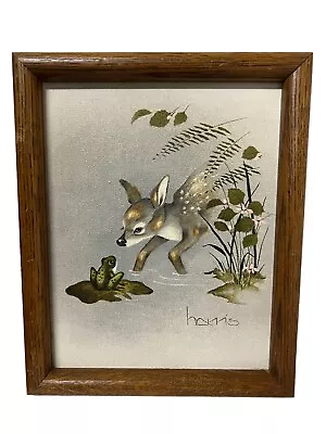 Deer & Frog On Lily Pad Oil Painting On Canvas Framed Small Signed Peggy Harris • £16.62