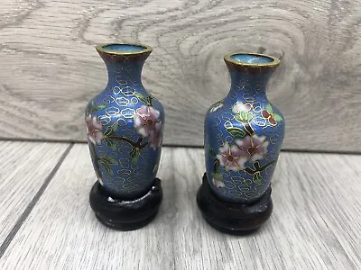 £49.99 • Buy Pair Of Small Matching Enamel Oriental Vases With Floral Design And Stands
