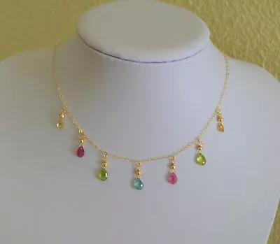 Natural Multi Color Faceted Sapphire Briolette Pear Dangle Yellow Gold Necklace • $187.90