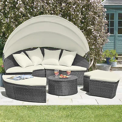 Rattan Daybed & Table Garden Furniture Outdoor Patio Lounger Bed Sofa Canopy Set • £529.99