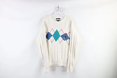 Vintage 90s Streetwear Mens Large Hand Knit Diamond Argyle Golf Crewneck Sweater • $44.95