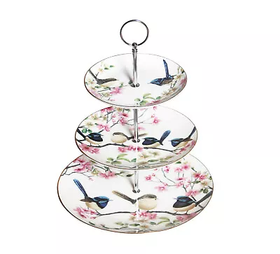 Fine Bone China Australia Bird Blue Wren 3 Tier Cake Stand Cupcake Stand-Silver  • $49.95