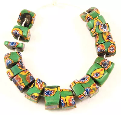 5  String Venetian Rectangular Green Millefiori Slice Glass African Trade Beads • $29.99