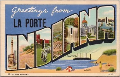 LA PORTE INDIANA Large Letter Postcard Dunes / Steel Mills - Curteich Linen • $4.50