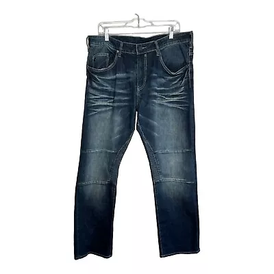 Buffalo David Bitton Evan-X Slim Straight Stretch Blue Jeans Whiskered Stitched • $22.30