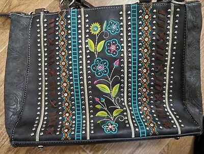 P&G Black Embroidered Studded Handbag Southwest Bohemian Style Leather • $30