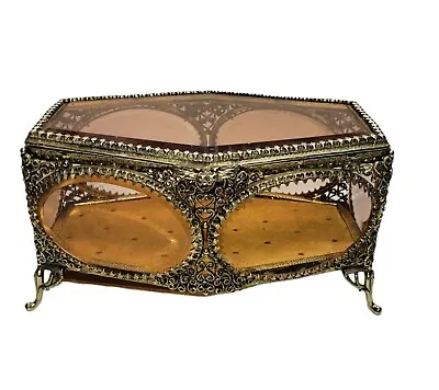 Vintage Antique Beveled Pink Glass Jewelry Casket Dresser Box Ormolu Filigree • $220