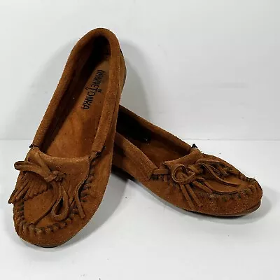 $14.97 • Buy Minnetonka Kilty Hardsole 402 Brown Suede Bow Toe Slip On Womens Moccasins Sz 6