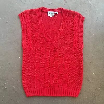 Vintage 80s Chunky Knit V-Neck Checkered Golf Sweater Vest - Red Wms Small • $14