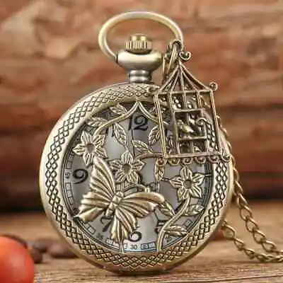 Vintage Bronze Butterfly Flower Chain Pendant Pocket Watch Fashion Trendy Unisex • $25.98