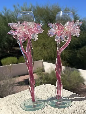 OOAK Vtg Hand Blown Art Glass Tall Candle Holders 14'' Tall Clear And Cranberry • $84.95